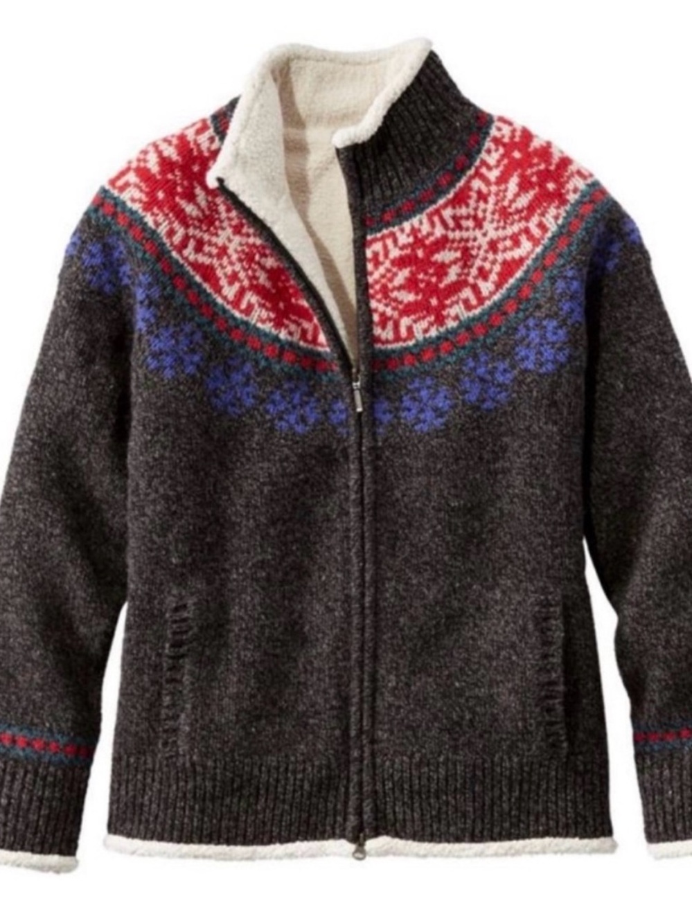 L.L.Bean Fair Isle Nordic Sherpa Lined Wool Knit Jacket S Petite